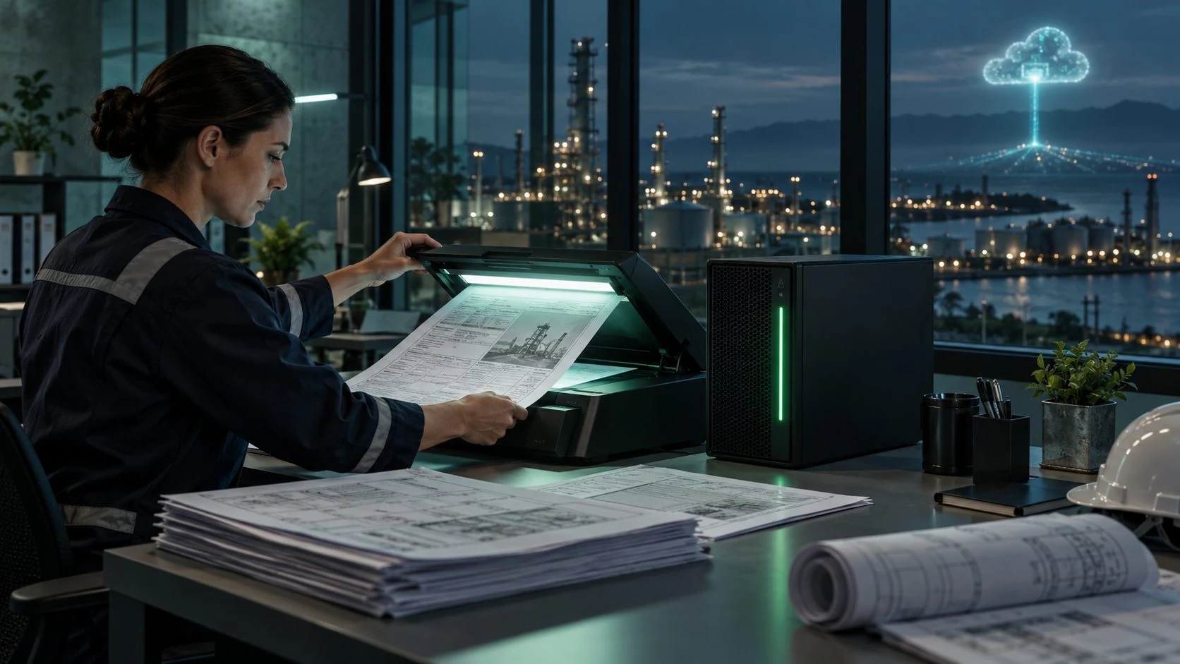 A worker scans project documents beside a desktop computer in an industrial office.